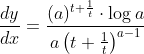 \frac{d y}{d x}=\frac{(a)^{t+\frac{1}{t}} \cdot \log a}{a\left(t+\frac{1}{t}\right)^{a-1}}