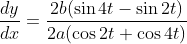 \frac{d y}{d x}=\frac{2 b(\sin 4 t-\sin 2 t)}{2 a(\cos 2 t+\cos 4 t)} \\
