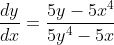 \frac{d y}{d x}=\frac{5 y-5 x^{4}}{5 y^{4}-5 x}
