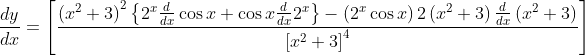 \frac{d y}{d x}=\left[\frac{\left(x^{2}+3\right)^{2}\left\{2^{x} \frac{d}{d x} \cos x+\cos x \frac{d}{d x} 2^{x}\right\}-\left(2^{x} \cos x\right) 2\left(x^{2}+3\right) \frac{d}{d x}\left(x^{2}+3\right)}{\left[x^{2}+3\right]^{4}}\right]