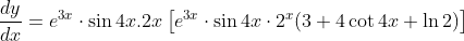 \frac{d y}{d x}=e^{3 x} \cdot \sin 4 x .2 x\left[e^{3 x} \cdot \sin 4 x \cdot 2^{x}(3+4 \cot 4 x+\ln 2)\right]