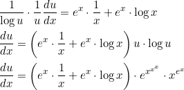 \begin{aligned} &\frac{1}{\log u} \cdot \frac{1}{u} \frac{d u}{d x}=e^{x} \cdot \frac{1}{x}+e^{x} \cdot \log x \\ &\frac{d u}{d x}=\left(e^{x} \cdot \frac{1}{x}+e^{x} \cdot \log x\right) u \cdot \log u \\ &\frac{d u}{d x}=\left(e^{x} \cdot \frac{1}{x}+e^{x} \cdot \log x\right) \cdot e^{x^{x^{x}}} \cdot x^{e^{x}} \end{aligned}