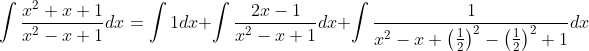 \int \frac{x^{2}+x+1}{x^{2}-x+1} d x=\int 1 d x+\int \frac{2 x-1}{x^{2}-x+1} d x+\int \frac{1}{x^{2}-x+\left(\frac{1}{2}\right)^{2}-\left(\frac{1}{2}\right)^{2}+1} d x