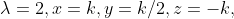 \lambda = 2, x = k, y =k/2, z = -k,