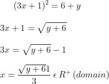 \left ( 3x+1 \right )^{2}=6+y\\\\3x+1=\sqrt{y+6}\\\\3x=\sqrt{y+6}-1\\\\x=\frac{\sqrt{y+6}1}{3}\: \epsilon \: R^{+}\left ( domain \right )