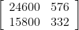 \left[\begin{array}{ll} 24600 & 576 \\ 15800 & 332 \end{array}\right]