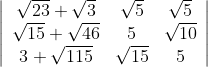 \left|\begin{array}{ccc} \sqrt{23}+\sqrt{3} & \sqrt{5} & \sqrt{5} \\ \sqrt{15}+\sqrt{46} & 5 & \sqrt{10} \\ 3+\sqrt{115} & \sqrt{15} & 5 \end{array}\right|