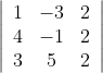 \left|\begin{array}{ccc} 1 & -3 & 2 \\ 4 & -1 & 2 \\ 3 & 5 & 2 \end{array}\right|