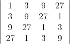 \left|\begin{array}{cccc} 1 & 3 & 9 & 27 \\ 3 & 9 & 27 & 1 \\ 9 & 27 & 1 & 3 \\ 27 & 1 & 3 & 9 \end{array}\right|