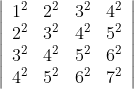 \left|\begin{array}{cccc} 1^{2} & 2^{2} & 3^{2} & 4^{2} \\ 2^{2} & 3^{2} & 4^{2} & 5^{2} \\ 3^{2} & 4^{2} & 5^{2} & 6^{2} \\ 4^{2} & 5^{2} & 6^{2} & 7^{2} \end{array}\right|