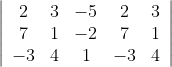 \left|\begin{array}{ccccc} 2 & 3 & -5 & 2 & 3 \\ 7 & 1 & -2 & 7 & 1 \\ -3 & 4 & 1 & -3 & 4 \end{array}\right|