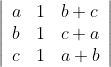 \left|\begin{array}{lll} a & 1 & b+c \\ b & 1 & c+a \\ c & 1 & a+b \end{array}\right|