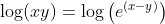 \log (x y)=\log \left(e^{(x-y)}\right)