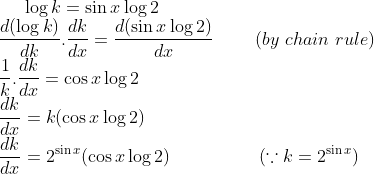 \log k=\sin x\log 2\\ \frac{d(\log k)}{dk}.\frac{dk}{dx} = \frac{d(\sin x\log 2)}{dx} \ \ \ \ \ \ \ (by \ chain \ rule)\\ \frac{1}{k}.\frac{dk}{dx} = \cos x \log 2\\ \frac{dk}{dx} = k(\cos x\log 2)\\ \frac{dk}{dx}= 2^{\sin x}(\cos x\log 2) \ \ \ \ \ \ \ \ \ \ \ \ \ \ \ (\because k = 2^{\sin x} )