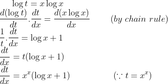 \log t=x\log x\\ \frac{d(\log t)}{dt}.\frac{dt}{dx} = \frac{d(x\log x)}{dx} \ \ \ \ \ \ \ (by \ chain \ rule)\\ \frac{1}{t}.\frac{dt}{dx} = \log x +1\\ \frac{dt}{dx} = t(\log x+1)\\ \frac{dt}{dx}= x^x(\log x+1) \ \ \ \ \ \ \ \ \ \ \ \ \ \ \ (\because t = x^x )
