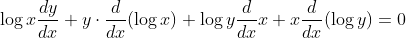 \log x \frac{d y}{d x}+y \cdot \frac{d}{d x}(\log x)+\log y \frac{d}{d x} x+x \frac{d}{d x}(\log y)=0