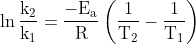 \mathrm{\ln \frac{k_{2}}{k_{1}}= \frac{-E_a}{R}\left (\frac{1}{T_{2}}-\frac{1}{T_{1}} \right ) }
