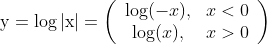 \mathrm{y}=\log |\mathrm{x}|=\left(\begin{array}{cc} \log (-x), & x<0 \\ \log (x), & x>0 \end{array}\right)