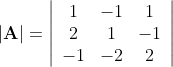 |\mathbf{A}|=\left|\begin{array}{ccc} 1 & -1 & 1 \\ 2 & 1 & -1 \\ -1 & -2 & 2 \end{array}\right|