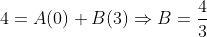 4=A(0)+B(3) \Rightarrow B=\frac{4}{3}