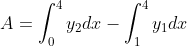 A=\int_{0}^{4}y_{2}dx-\int_{1}^{4}y_{1}dx