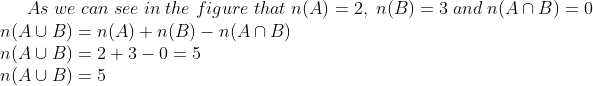 As;we;can;see;in;the;figure;that;n(A)=2,;n(B)=3;and;n(Acap B)=0\* n(Acup B)=n(A)+n(B)-n(Acap B)\*n(Acup B)=2+3-0=5\* n(Acup B)=5