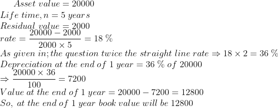 Asset;value=20000\* Life;time,n=5;years\*Residual;value=2000\* rate=frac20000-20002000	imes 5=18;%\*As;given;in;the;question; twice;the;straight;line;rateRightarrow 18	imes 2=36;%\* Depreciation;at;the;end;of;1;year=36;%;of;20000\*Rightarrow frac20000	imes 36100=7200\* Value;at;the;end;of;1;year= 20000-7200=12800\* So,;at;the;end;of;1;year;book;value;will;be;12800