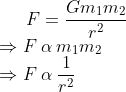 F= \frac{Gm_{1}m_{2}}{r^{2}} \\ \Rightarrow F\: \alpha \: m_{1}m_{2}\\ \Rightarrow F\: \alpha \: \frac{1}{r^{2}}
