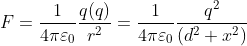 F=\frac{1}{4\pi \varepsilon _0}\frac{q(q)}{r^2}= \frac{1}{4\pi \varepsilon _0}\frac{q^2}{\left ( d^2+x^2 \right )}