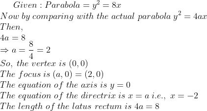 Given:Parabola=y^2=8x\*Now;by;comparing;with;the; actual;parabola;y^2=4ax\*Then,\*4a=8\*Rightarrow a=frac84=2\*So,;the;vertex;is;(0,0)\* The;focus;is;(a,0)=(2,0)\*The;equation;of;the;axis; is;y=0\*The;equation;of;the;directrix;is;x=a;i.e.,; x=-2\*The;length;of;the;latus;rectum;is;4a=8\*