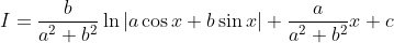I=\frac{b}{a^{2}+b^{2}} \ln |a \cos x+b \sin x|+\frac{a}{a^{2}+b^{2}} x+c