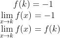f(k) = -1\\ \lim_{x\rightarrow k }f(x) = -1\\ \lim_{x\rightarrow k }f(x) = f(k)