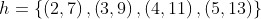 h=\left \{ \left ( 2,7 \right ),\left ( 3,9 \right ),\left ( 4,11 \right ),\left ( 5,13 \right ) \right \}