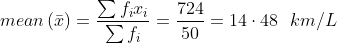 mean\left ( \bar{x} \right )= \frac{\sum f_{i}x_{i}}{\sum f_{i}}= \frac{724}{50}= 14\cdot 48 \ \ km/L