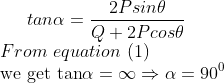 tan \alpha =\frac{2Psin\theta }{Q+2Pcos\theta }\\ From \ equation \ (1) \\ \text{we get tan} \alpha =\infty\Rightarrow \alpha =90^0