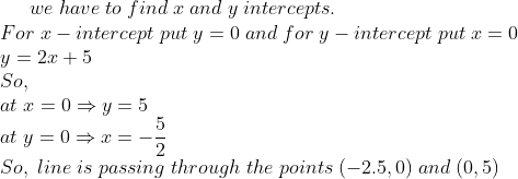 we;have;to;find;x;and;y;intercepts.\* For;x-intercept;put;y=0;and;for;y-intercept;put;x=0\* y=2x+5\*So,\*at;x=0Rightarrow y=5\* at;y=0Rightarrow x=-frac52\* So,;line;is;passing;through;the;points;(-2.5,0);and;(0, 5)