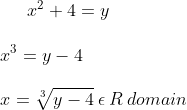 x^{2}+4=y\\\\x^{3}=y-4\\\\x=\sqrt[3]{y-4}\: \epsilon \: R \: domain